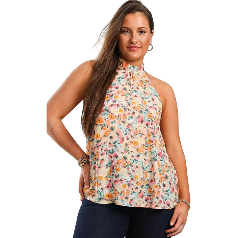 Willow & Root High Neck Flowy Floral Chiffon Tank Top, Women's Size Small, NWT